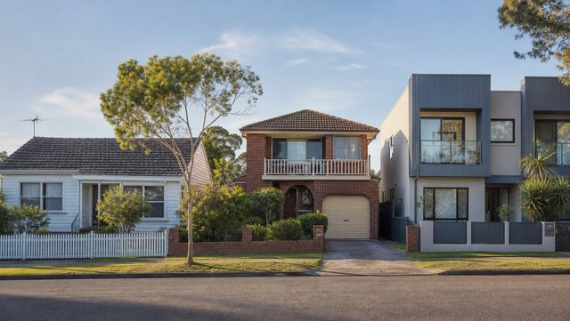 Australian streetscape with an older weatherboard cottage, a brick two-storey home and newer townhouses